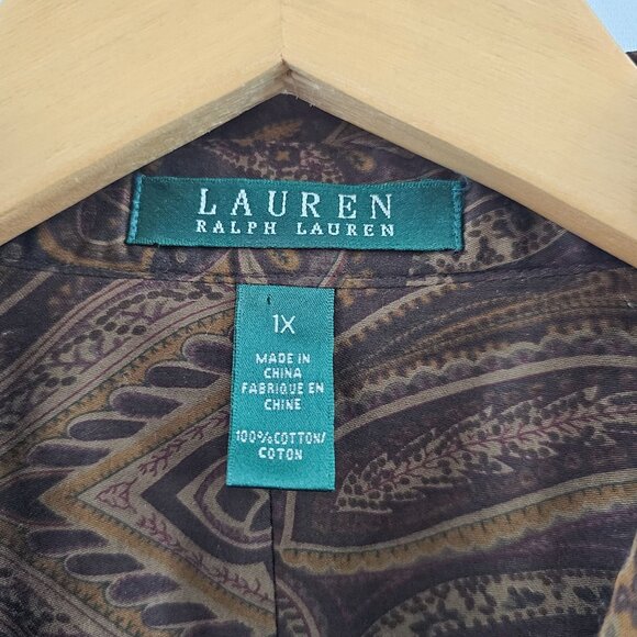 Ralph Lauren Button Down Shirt Womens 1X Paisley 100% Cotton Brown Tan Old Money - Picture 4 of 10